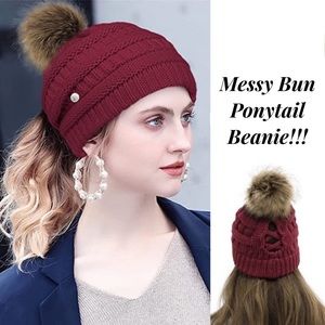 Red Knit Criss Cross Ponytail Pom Pom Beanie